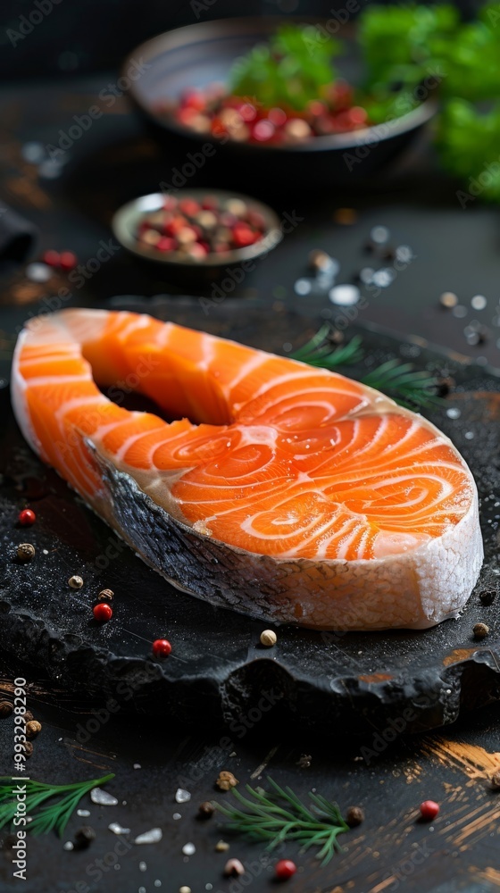 Fresh raw salmon steak on a dark surface with scattered peppercorns and herbs. Close-up food photography of seafood preparation. Fresh raw salmon steak on a dark surface with scattered peppercorns and herbs. Close-up food photography of seafood preparation.