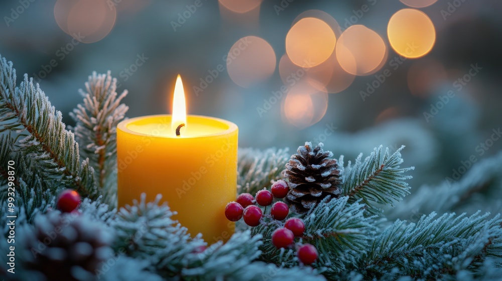 Advent wreath with one lit candle surrounded by Christmas decor and evergreen branches Advent wreath with one lit candle surrounded by Christmas decor and evergreen branches
