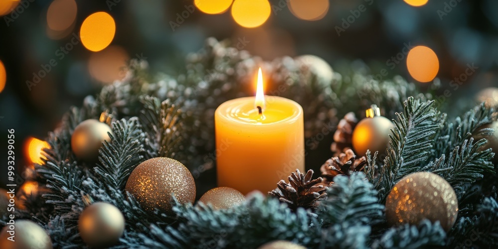 Advent wreath with one lit candle surrounded by Christmas decor and evergreen branches Advent wreath with one lit candle surrounded by Christmas decor and evergreen branches