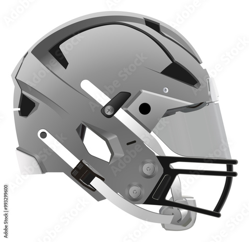 Realistic modern gray American football helmet with safety glass, back mask and chin strap