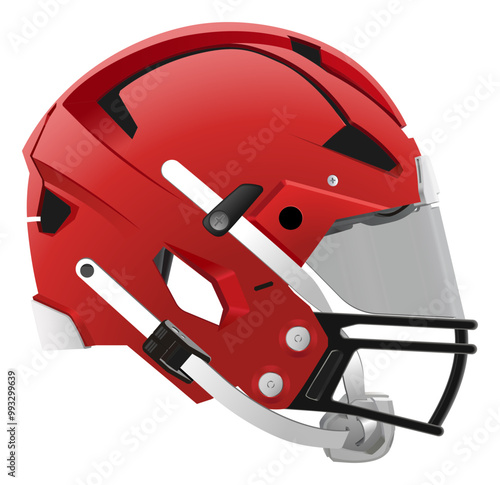 Realistic modern red American football helmet with safety glass, back mask and chin strap