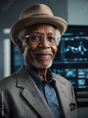 Elderly African American man with gray hair and glasses, wearing hat and suit, smiling at camera