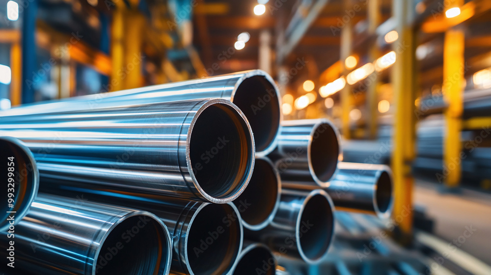 Stack of stainless steel pipes in a factory Stack of stainless steel pipes in a factory