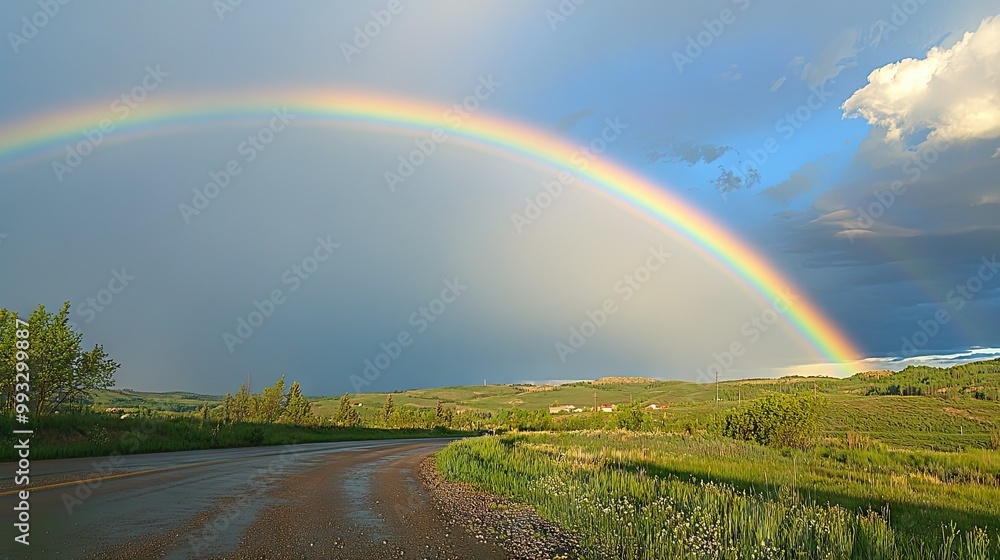 Naklejka premium A vibrant rainbow arching over a roadside after a rain shower, adding a splash of color to the landscape and creating a sense of wonder.