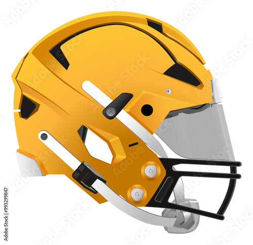 Realistic modern yellow American football helmet with safety glass, back mask and chin strap