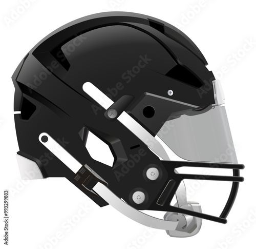 Realistic modern black American football helmet with safety glass, back mask and chin strap