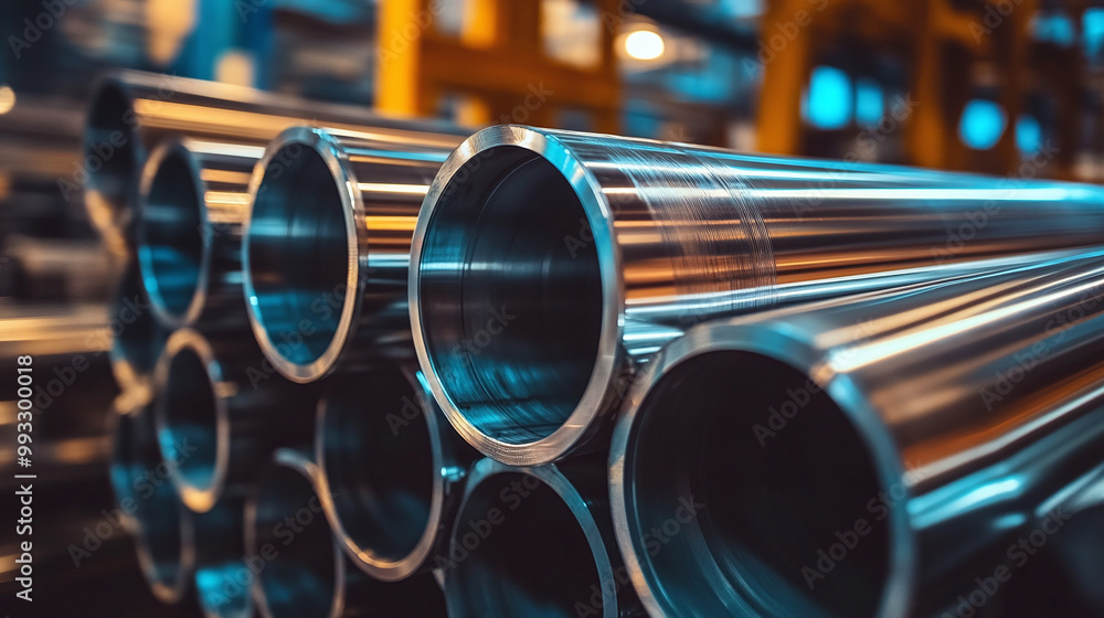 Stack of stainless steel pipes in a factory Stack of stainless steel pipes in a factory