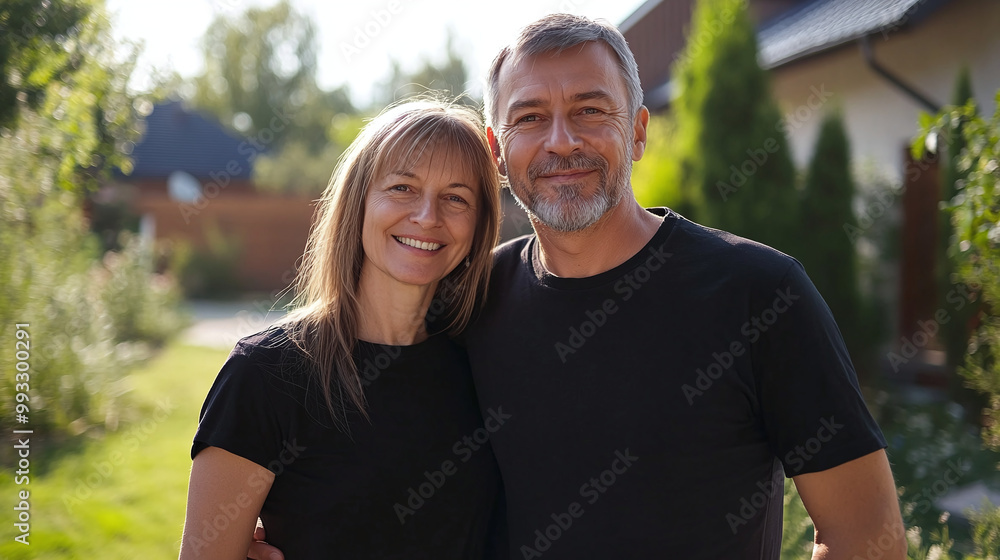 Portrait of an elderly couple in black t-shirts mockup in the yard Portrait of an elderly couple in black t-shirts mockup in the yard