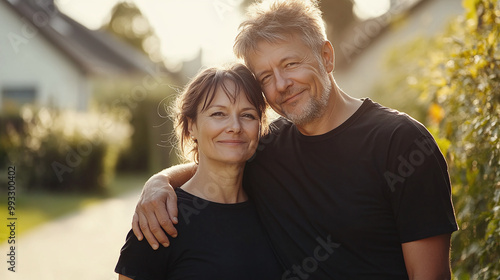 Portrait of an elderly couple in black t-shirts mockup in the yard