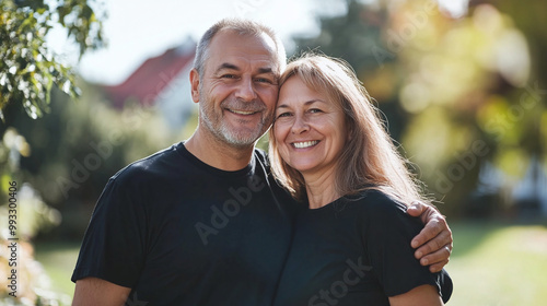 Portrait of an elderly couple in black t-shirts mockup in the yard