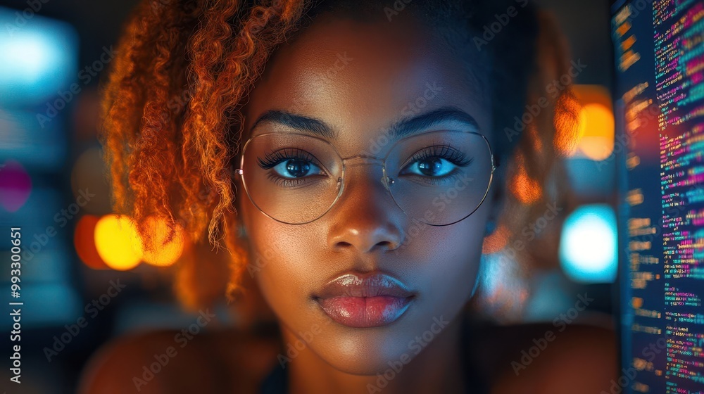focused view of a black woman immersed in coding illuminated by the soft glow of her computer screen in a dimly lit office showcasing concentration and determination in the tech field focused view of a black woman immersed in coding illuminated by the soft glow of her computer screen in a dimly lit office showcasing concentration and determination in the tech field
