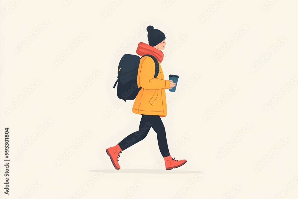Obraz premium of a Flat style Character Carrying a Reusable Cup While Walking in an Urban Setting