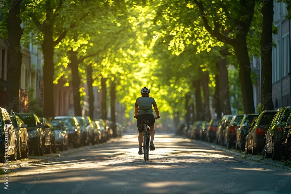 Cyclist Riding Through Bike Friendly City Street Lined With Trees Cyclist Riding Through Bike Friendly City Street Lined With Trees