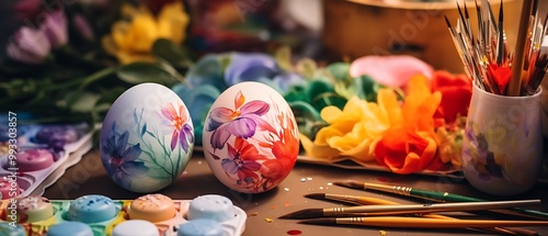 Colorful painted eggs surrounded by flowers and art supplies. photo