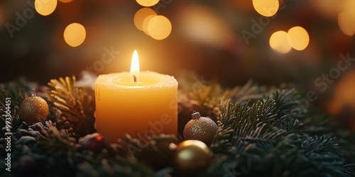 Advent wreath with one lit candle surrounded by Christmas decor and evergreen branches