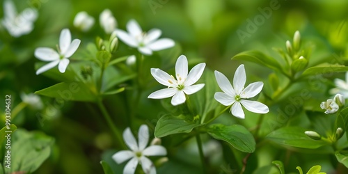 Close up of Mountain sandwort, Arenaria montana. Alpine plant with a mass of small white flowers in spring.
