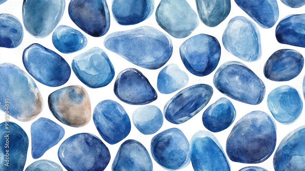 Seamless pattern of watercolor blue pebbles on a white background. Seamless pattern of watercolor blue pebbles on a white background.