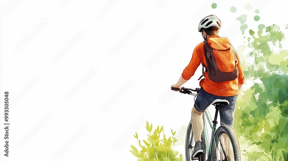 Naklejka premium Man Riding Bicycle in Watercolor Style.