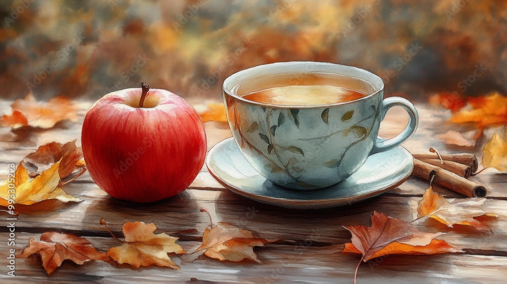 Autumn Tea with Apple on Wooden Table Generative AI Autumn Tea with Apple on Wooden Table Generative AI