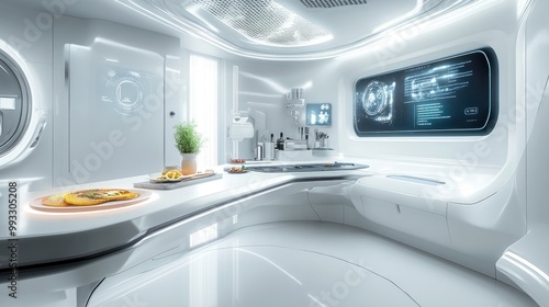 Futuristic Kitchen Interior with Food and Technology Display photo