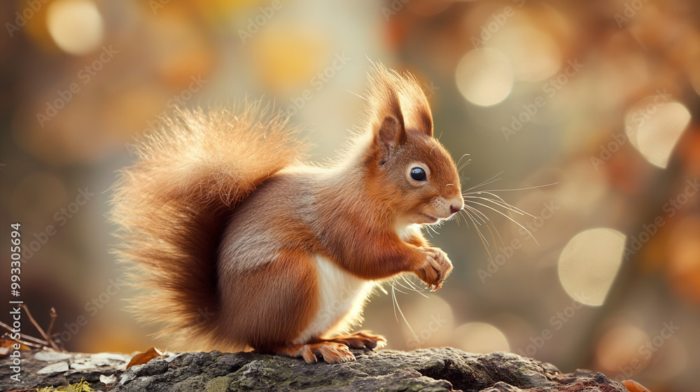 Red squirrel sitting on a log in an autumn forest with soft golden light Red squirrel sitting on a log in an autumn forest with soft golden light