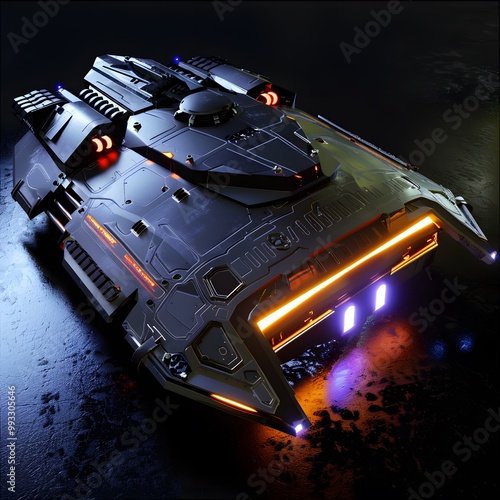 Advanced Futuristic Military Tank with Hovering Capabilities and Glowing Energy Shields Covered in Sleek Armor photo