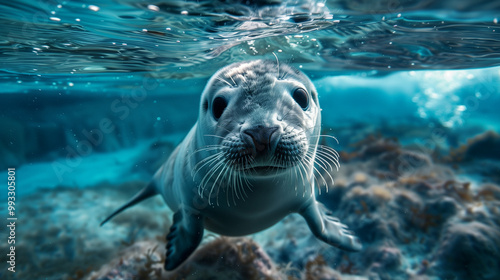 Curious seal pup swimming underwater in a vibrant ocean