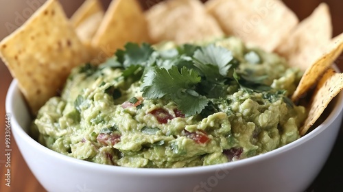 A bowl of creamy guacamole topped with fresh cilantro and served with crispy tortilla chips.