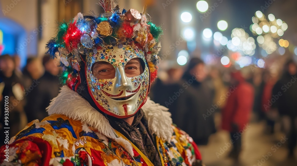 Festive Hungarian Man in Busojaras Festival Mask and Traditional Costume Amidst Winter Street Parade with Cold Lighting Festive Hungarian Man in Busojaras Festival Mask and Traditional Costume Amidst Winter Street Parade with Cold Lighting