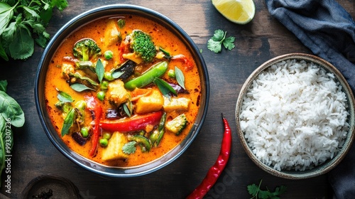 A bowl of spicy Thai curry with coconut milk, fresh vegetables, and jasmine rice on the side.