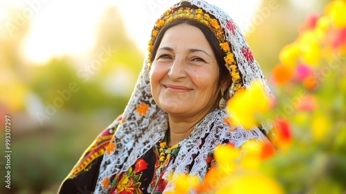 Joyful Iraqi Woman Celebrating Nowruz Outdoors in Traditional Dress Surrounded by Spring Flowers and Bright Daylight