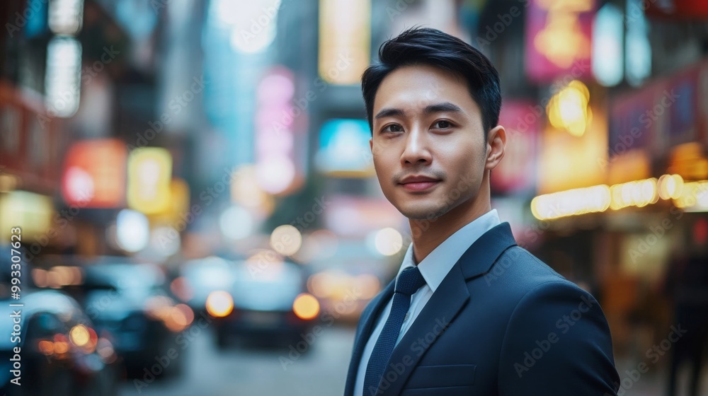 A young asian man dressed in a suit smiles while standing amidst the vibrant lights of a lively city street at night. Cars and people move in the background, creating a dynamic urban atmosphere. A young asian man dressed in a suit smiles while standing amidst the vibrant lights of a lively city street at night. Cars and people move in the background, creating a dynamic urban atmosphere.