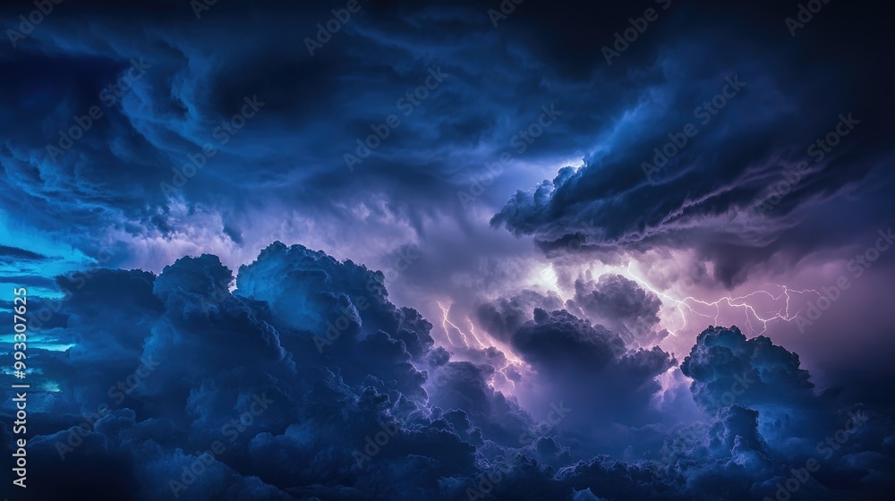 Fototapeta premium Dramatic dark skies filled with ominous clouds and flashes of lightning amidst a powerful thunderstorm