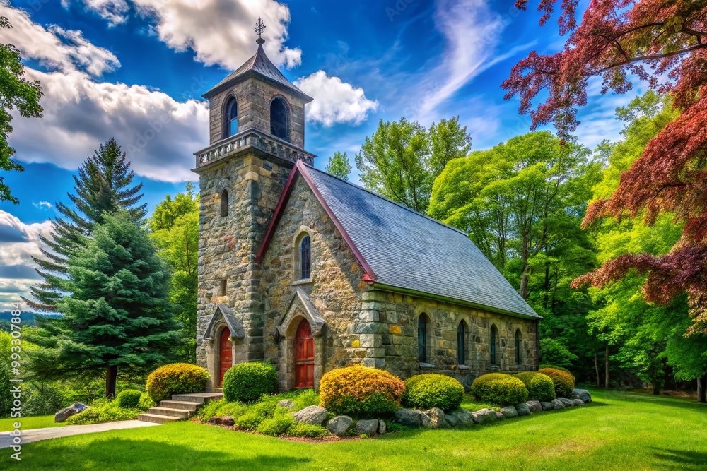 Historic Old Stone Church in West Boylston, Massachusetts Surrounded by Lush Greenery and Trees