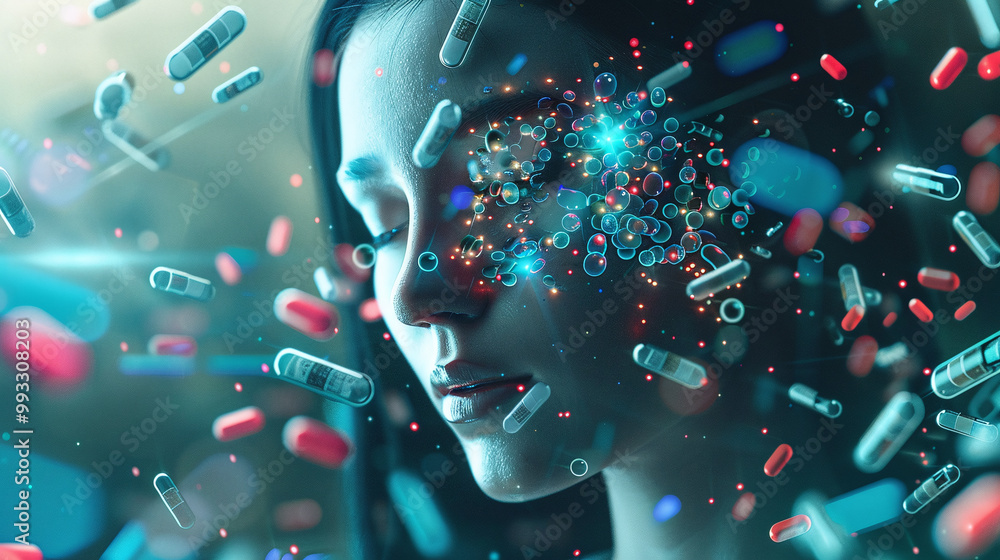 Futuristic Face with Medicine Capsules Overlay