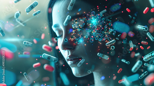 Obraz na płótnie Futuristic Face with Medicine Capsules Overlay w salonie