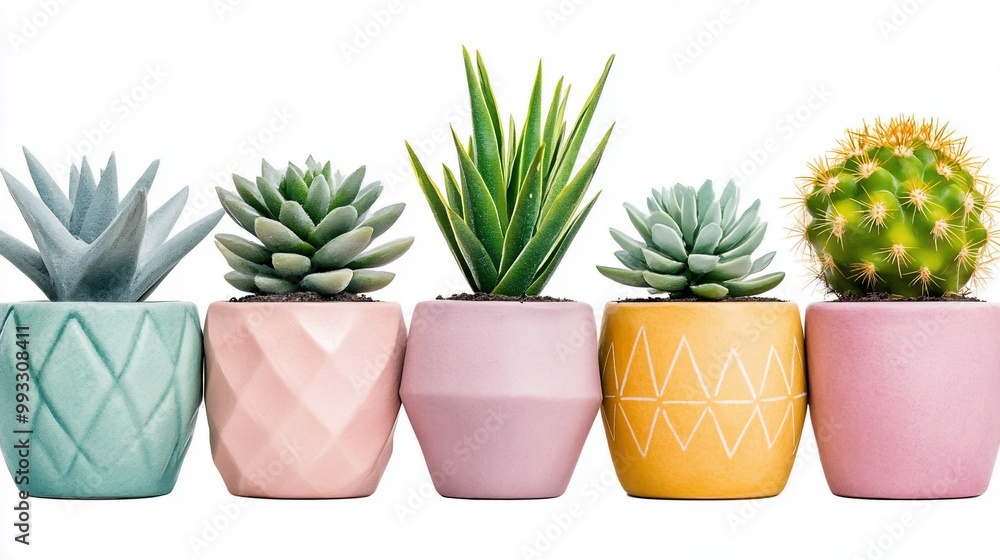 Colorful Succulents in Pots on White Background. Colorful Succulents in Pots on White Background.