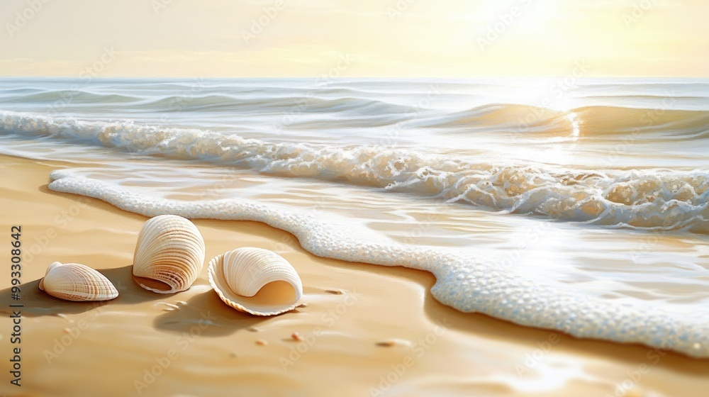 A tranquil beach landscape featuring seashells on the sand as soft waves lap at the golden shoreline under warm sunlight A tranquil beach landscape featuring seashells on the sand as soft waves lap at the golden shoreline under warm sunlight