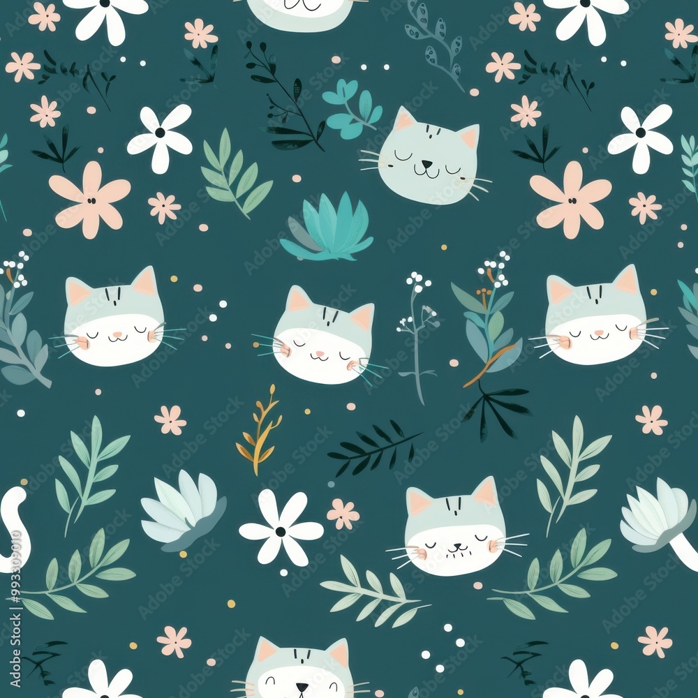 seamless pattern with cats and leaf seamless pattern with cats and leaf