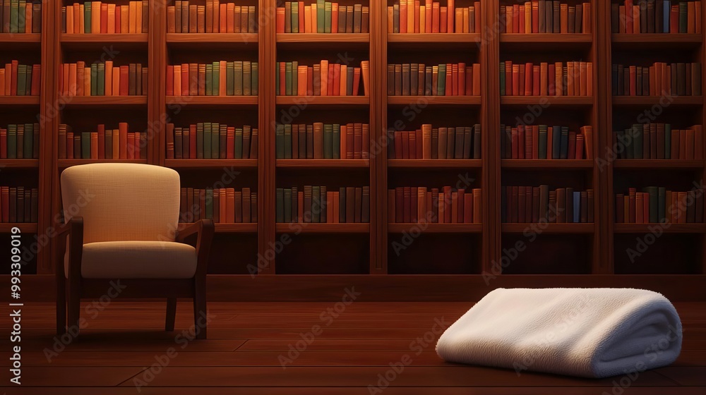 Warm Lighting softly illuminating a quiet library corner with bookshelves full of classic titles and a plush blanket neatly folded on a nearby chair Warm Lighting softly illuminating a quiet library corner with bookshelves full of classic titles and a plush blanket neatly folded on a nearby chair