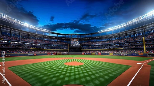 Empty baseball stadium under bright lights during twilight, showcasing sports venue, competition, and the excitement of professional baseball games.

