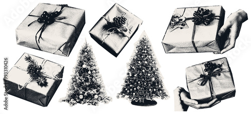 hotocopy  Magazine, newspaper clipping, Vintage elements.   illustration of grunge dadaism texture icons for psychedelic.christmas, new year, tree, gifts, holiday.