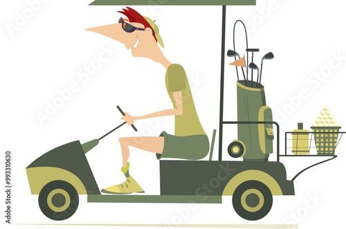 Young man on the golf cart car goes to play golf. 
Smiling man going to play golf in the golf cart. On white background
