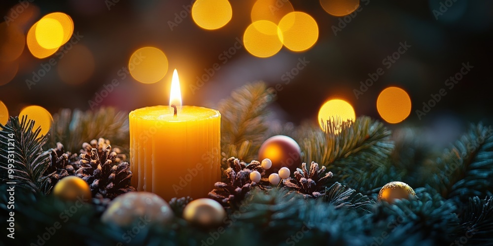 Advent wreath with one lit candle surrounded by Christmas decor and evergreen branches Advent wreath with one lit candle surrounded by Christmas decor and evergreen branches