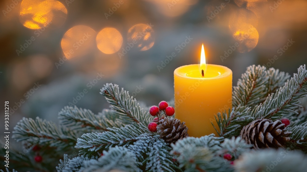 Advent wreath with one lit candle surrounded by Christmas decor and evergreen branches Advent wreath with one lit candle surrounded by Christmas decor and evergreen branches