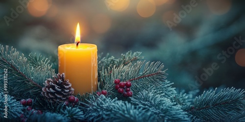 Advent wreath with one lit candle surrounded by Christmas decor and evergreen branches