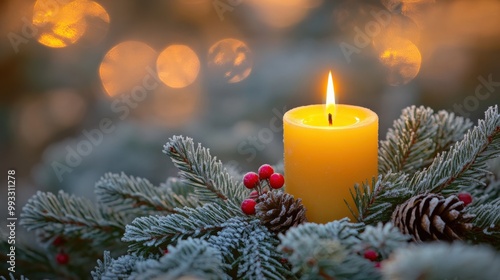 Advent wreath with one lit candle surrounded by Christmas decor and evergreen branches