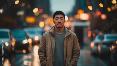 A young asian man stands in the middle of a busy street, illuminated by city lights reflecting on wet asphalt. He gazes thoughtfully at the camera, capturing the essence of urban life at dusk.