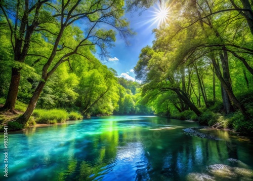 Calm waters of river flow smoothly beneath leafy greens of forest floor and brilliant blue heavens creating sense of peaceful coexistence.