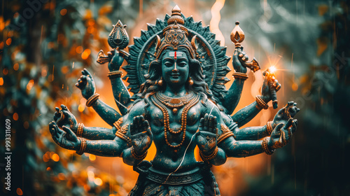 Majestic Hindu Goddess Durga Idol in Ethereal Light photo